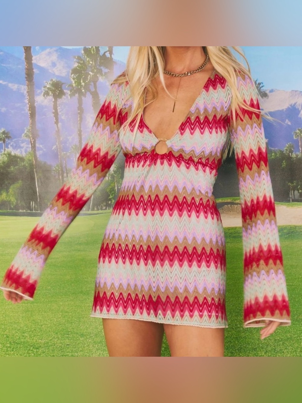 Show Me Your MuMu Monte Carlo Crochet Knit Romper Mini Dress in Riviera Zigzag M - Picture 10 of 10